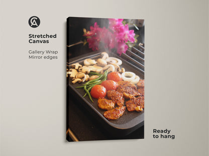 Stretched canvas of grilling food wall art is ready to hang. This kitchen canvas print provides contemporary home decor. Modern food art is perfect as a foodie gift idea. The home cook will love this present which is a housewarming gift art. Realistic cooking art shows still life food print.