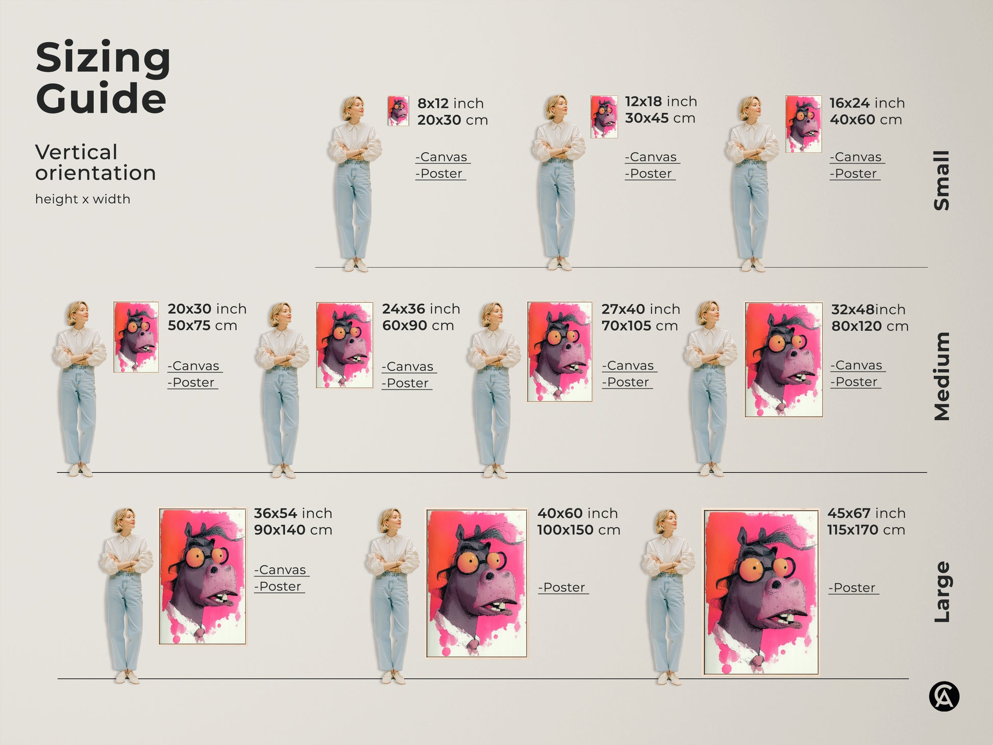 Sizing guide showing various sizes of the cartoon horse with glasses art print. Fuchsia and orange animal wall art perfect for eclectic decor. Available in canvas and poster options.