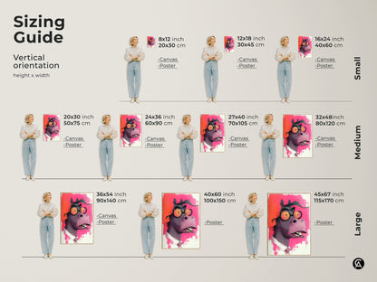 Sizing guide showing various sizes of the cartoon horse with glasses art print. Fuchsia and orange animal wall art perfect for eclectic decor. Available in canvas and poster options.