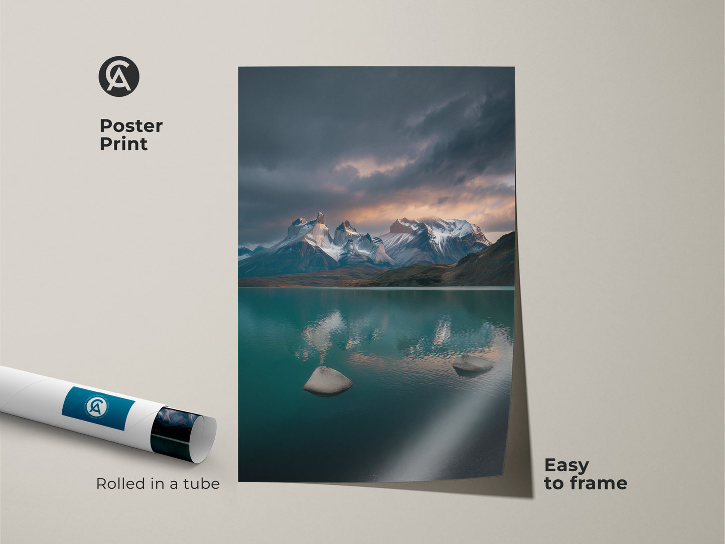 Poster print of a serene lake with snow-capped mountains. This scenic landscape artwork is easy to frame. The rolled poster features deep blue and teal tones. It adds contemporary nature decor to any room. Perfect for outdoor enthusiasts. This calm lake photography captures water rock reflections beautifully.