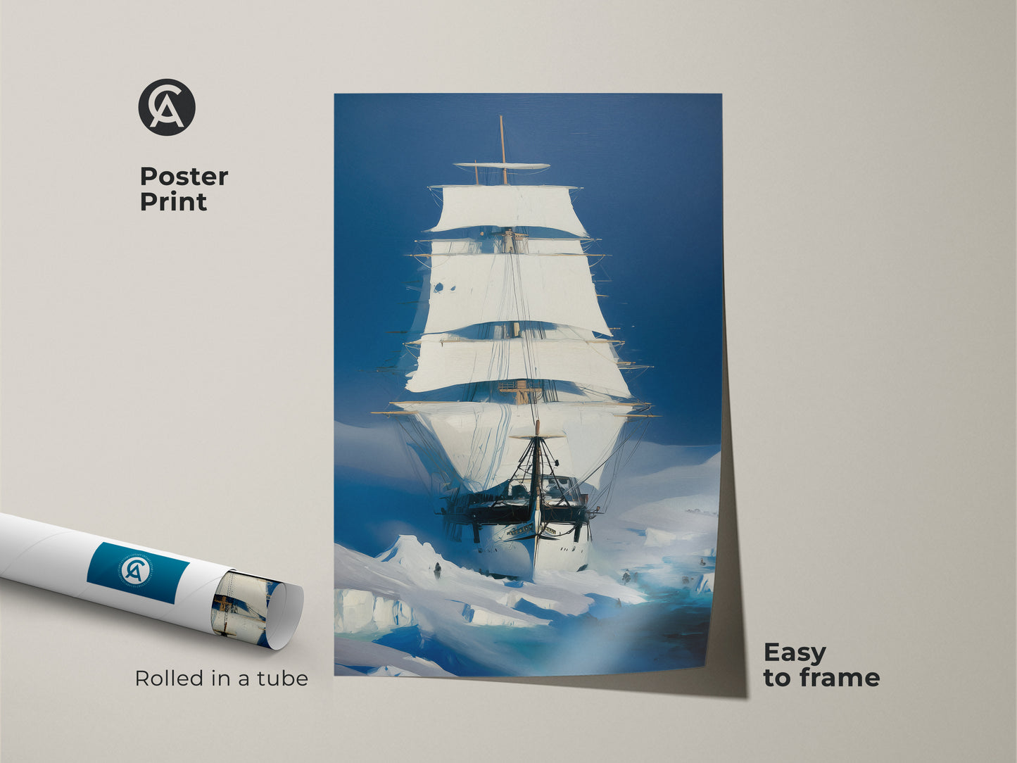 Enhance spaces with this nautical wall decor. A tall ship art print comes as an easy-to-frame poster rolled in a tube. This maritime adventure painting features Arctic Blue hues and iceberg details. Ideal exploration wall art for adding a touch of historical sailing to any room