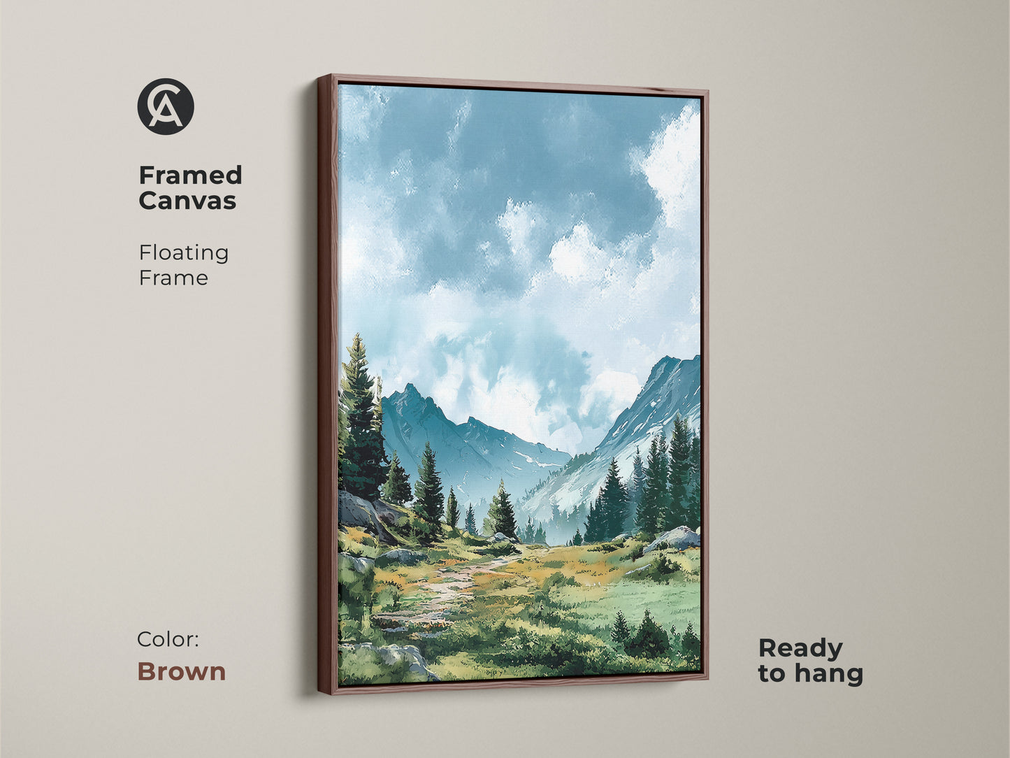 Add warmth to your home with this framed canvas art. Featuring a serene mountain landscape in a brown floating frame. This ready-to-hang piece brings a touch of nature indoors. The brown frame complements the artwork's earthy tones.