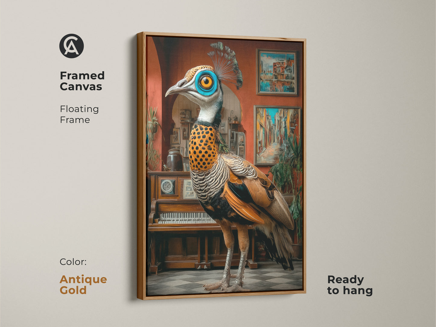 Framed in antique gold this surreal peacock canvas is ready to hang. The ornate bird artwork offers eclectic study room decor with blue orange and teal hues. A unique gift for art lovers the floating frame enhances the animal themed wall art. Its a sophisticated touch to any space.
