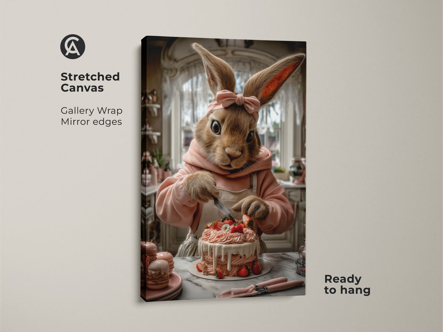 Stretched canvas art featuring a bunny cake decorating scene. The gallery wrap has mirrored edges. It is ready to hang. The artwork is perfect for pastry lovers. It brings a cozy feel to kitchens cafes and bakeries. It is a unique baking gift idea.