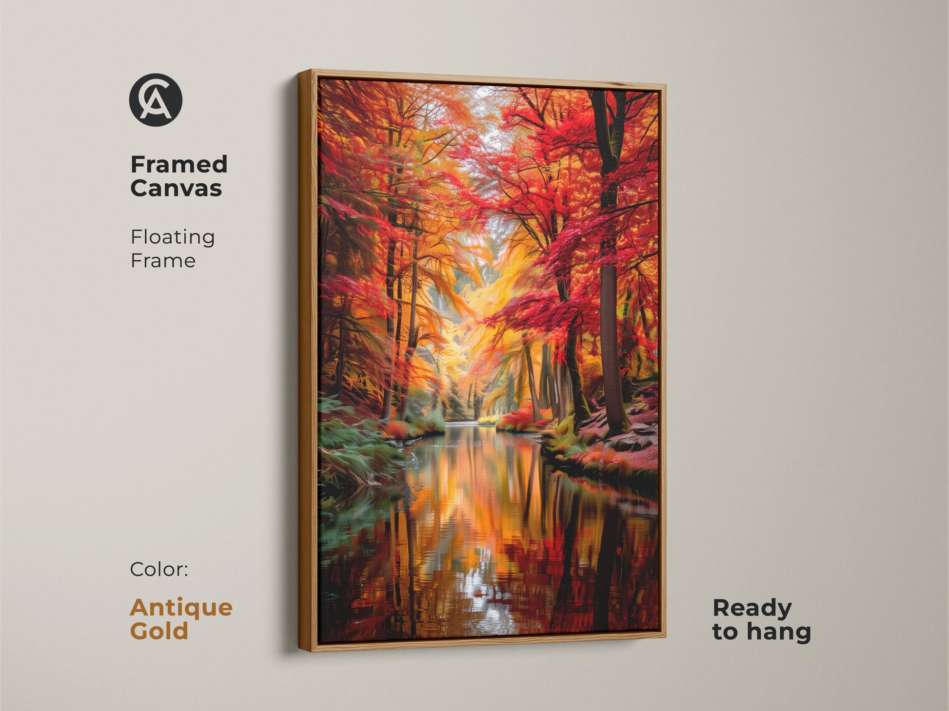 Bring elegance to your walls with this framed canvas of an autumn forest. The antique gold floating frame enhances the vibrant fall colors. This river landscape print presents stunning nature scenery artwork. Ready to hang it adds a touch of sophistication. Perfect as a housewarming gift.