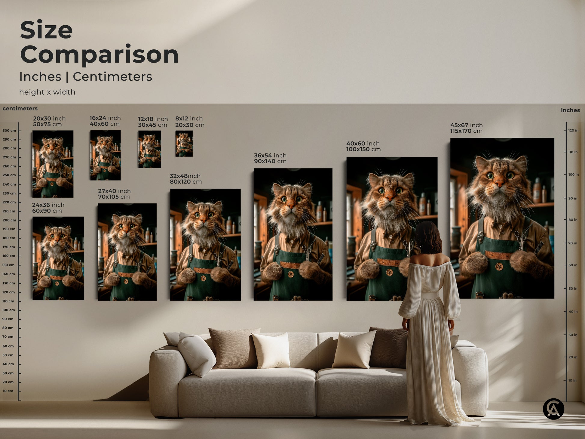 A size comparison featuring the funny cat barber artwork. Available in inches and centimeters this art piece ranges from small to large. Perfect for any space. It adds a whimsical touch to your home decor.