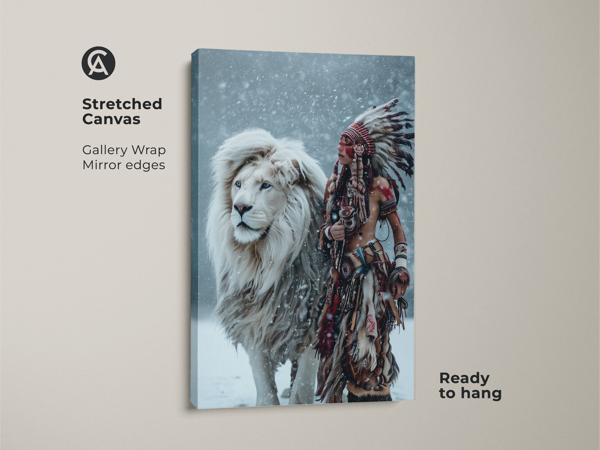 Witness the Majestic Harmony artwork on a stretched canvas. The gallery wrap displays mirror edges. This stunning piece shows a Native American figure with a white lion. It comes ready to hang. Bring this art into your home today.