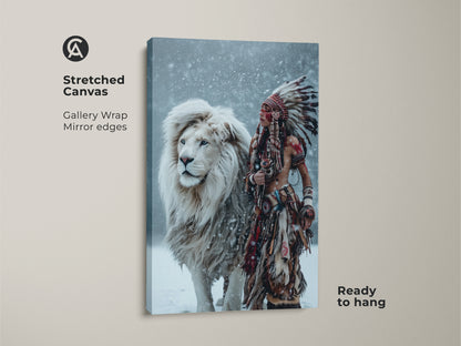 Witness the Majestic Harmony artwork on a stretched canvas. The gallery wrap displays mirror edges. This stunning piece shows a Native American figure with a white lion. It comes ready to hang. Bring this art into your home today.