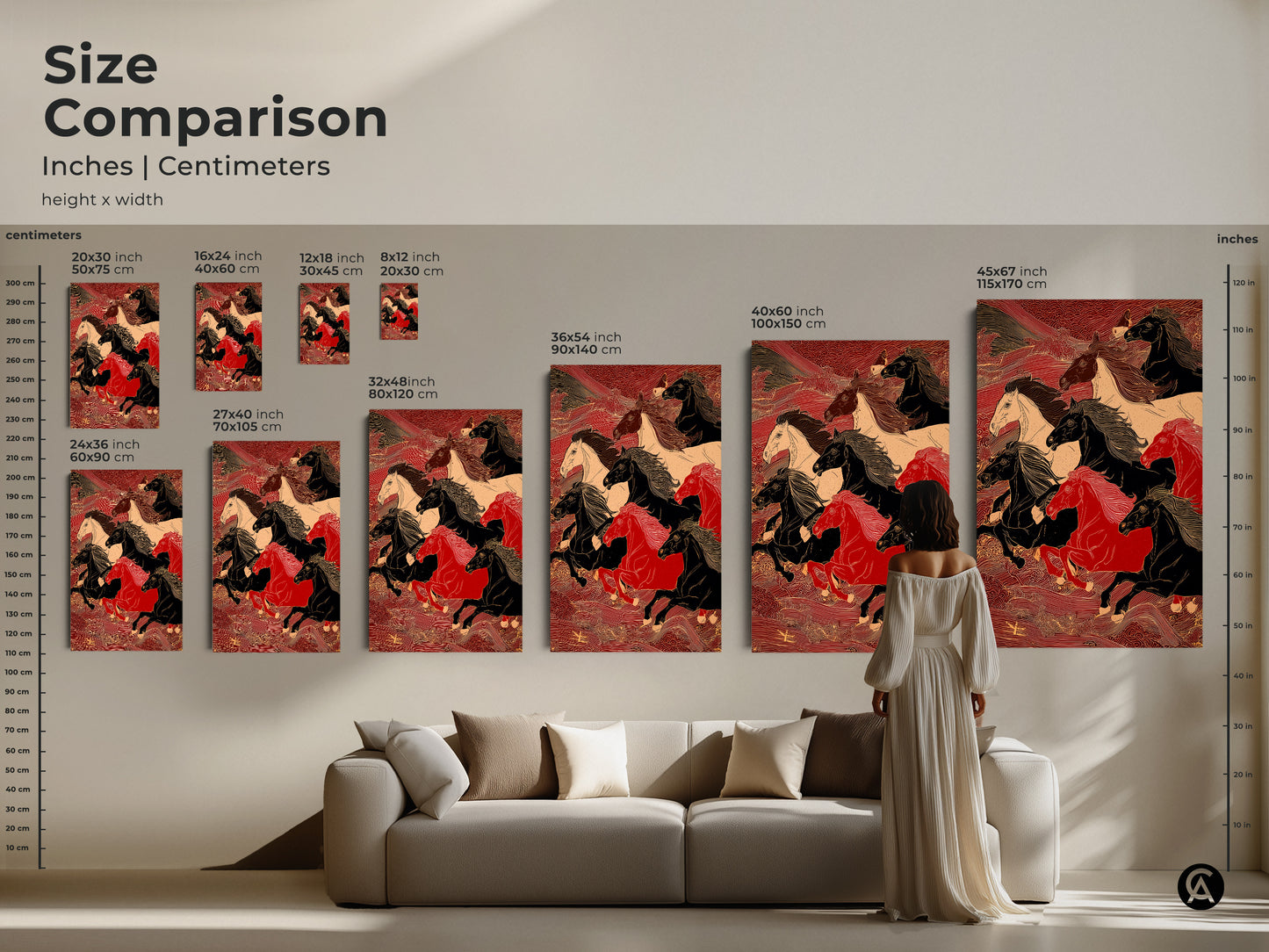 A size comparison of the running horses artwork. Sizes range from small to extra large. See how the art looks in a living room setting. Find the perfect size for your space wall art decor.