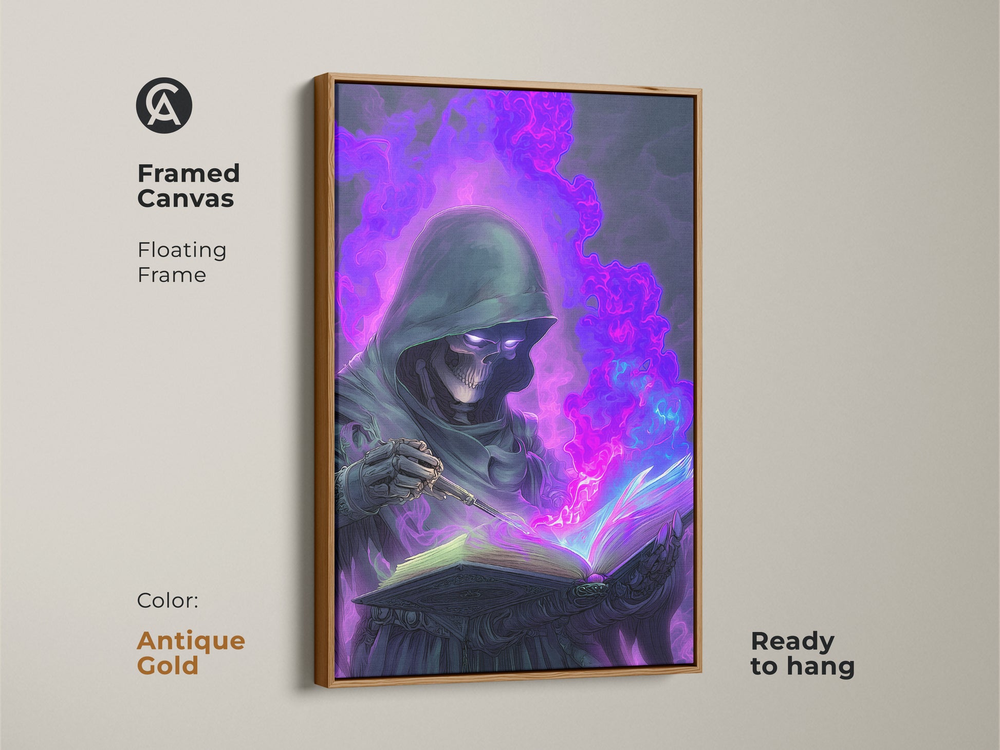 Framed Canvas of a Skeleton Mage. The frame color is antique gold. The artwork shows Gothic Spellbook Wall Art. The art is a Dark Fantasy Art Print with Purple and Blue Magic Decor ready to hang.