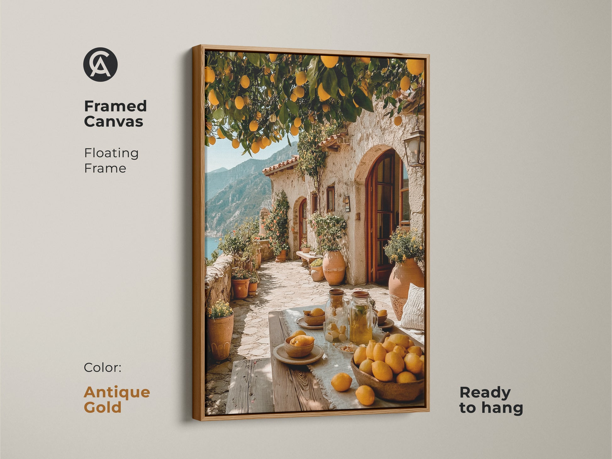 Framed in antique gold canvas. This Mediterranean lemon tree art is a coastal villa wall art. The Italian landscape canvas art features a floating frame. The art is ready to hang. It is a perfect housewarming gift for new homeowners.