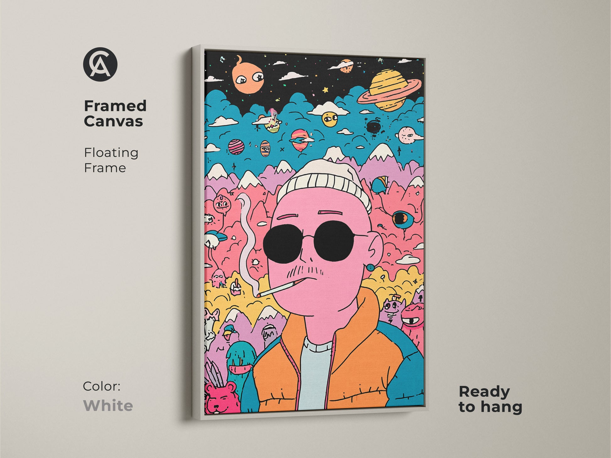 Framed canvas art with a floating frame in white. The artwork shows a pink man with sunglasses smoking. Planets mountains and colorful creatures are in the background. The white frame offers a clean look. It is ready to hang. Add this unique piece to your collection.