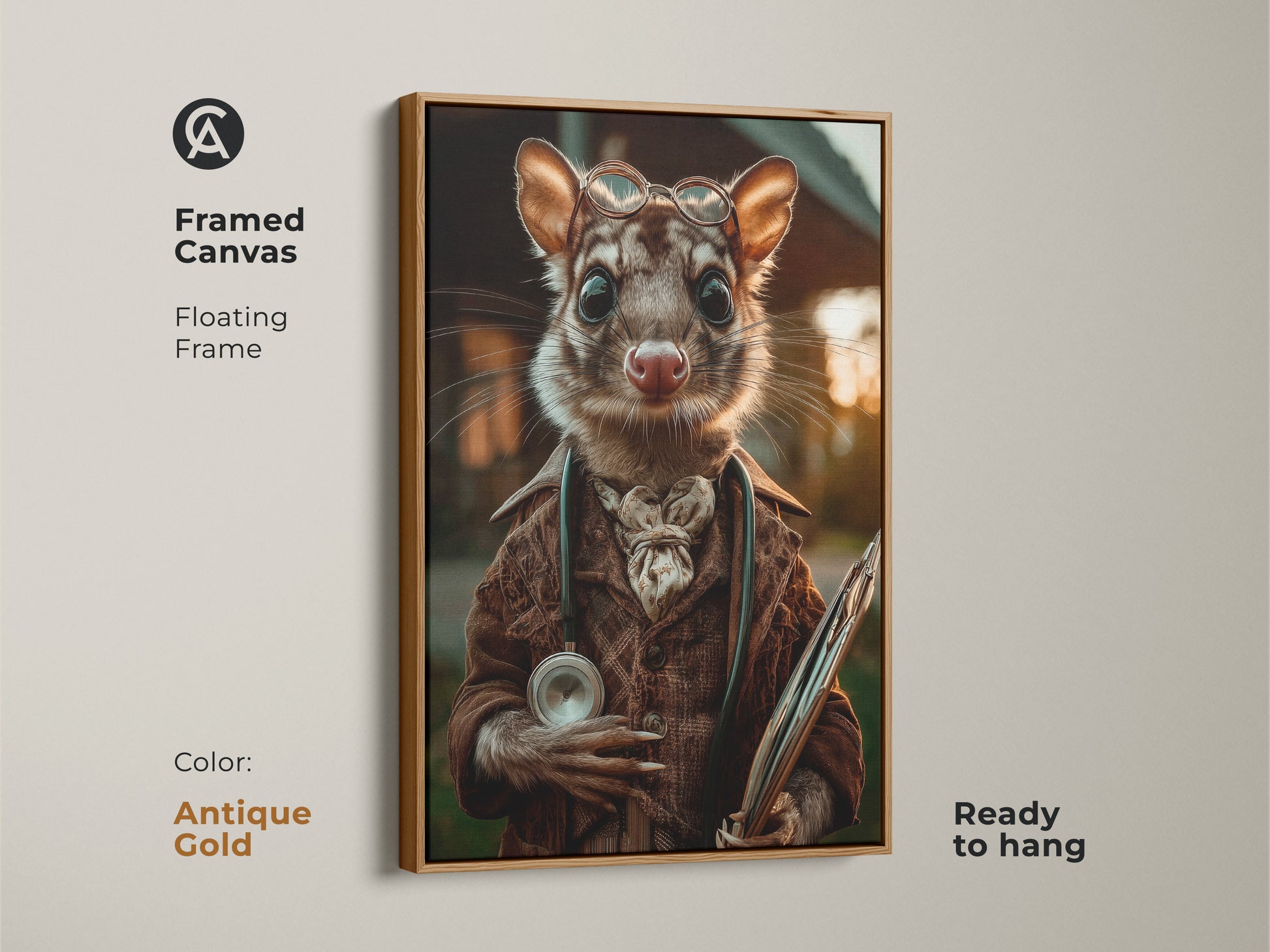 This framed canvas art presents a possum doctor in sepia tones with an antique gold floating frame. The surreal animal portrait features a possum wearing glasses and a coat. He is holding medical instruments. Ready to hang this art adds eclectic charm to any office or study. It’s a unique gift for animal lovers.