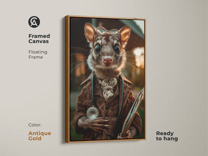 This framed canvas art presents a possum doctor in sepia tones with an antique gold floating frame. The surreal animal portrait features a possum wearing glasses and a coat. He is holding medical instruments. Ready to hang this art adds eclectic charm to any office or study. It’s a unique gift for animal lovers.