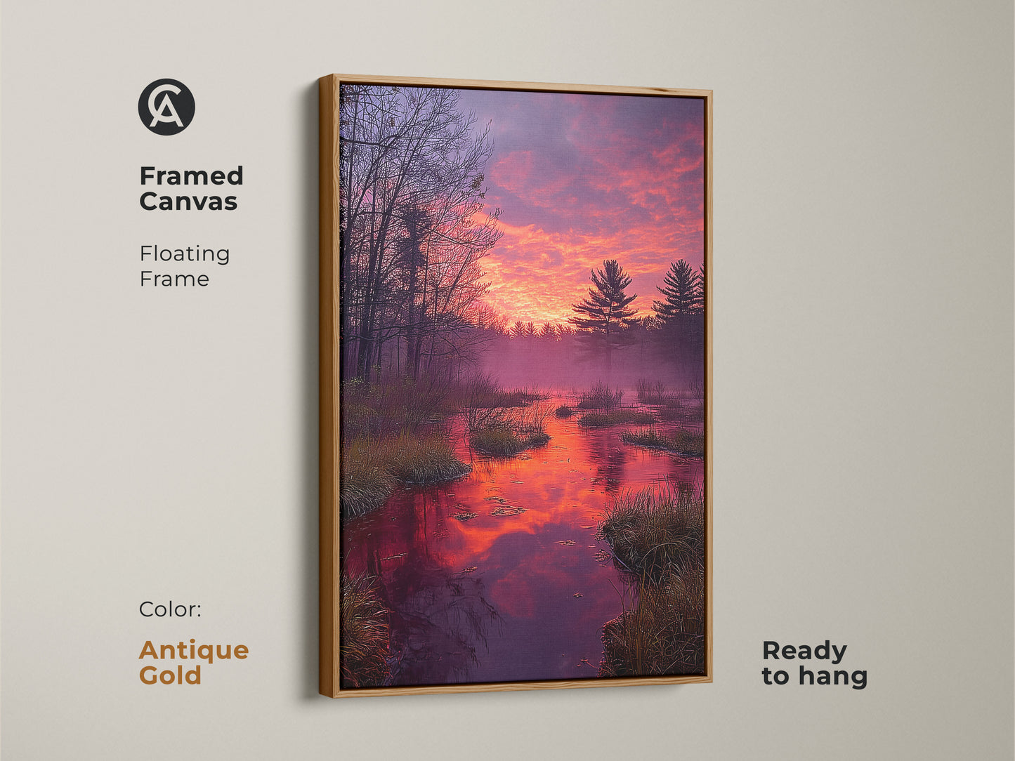 Framed canvas print of a forest sunset. This rustic nature artwork features an orange and purple sky. Pine trees are reflected in the water. The floating frame has an antique gold finish and is ready to hang. This landscape painting print brings a red and gold sunset into your living room. A serene water reflection adds tranquility.