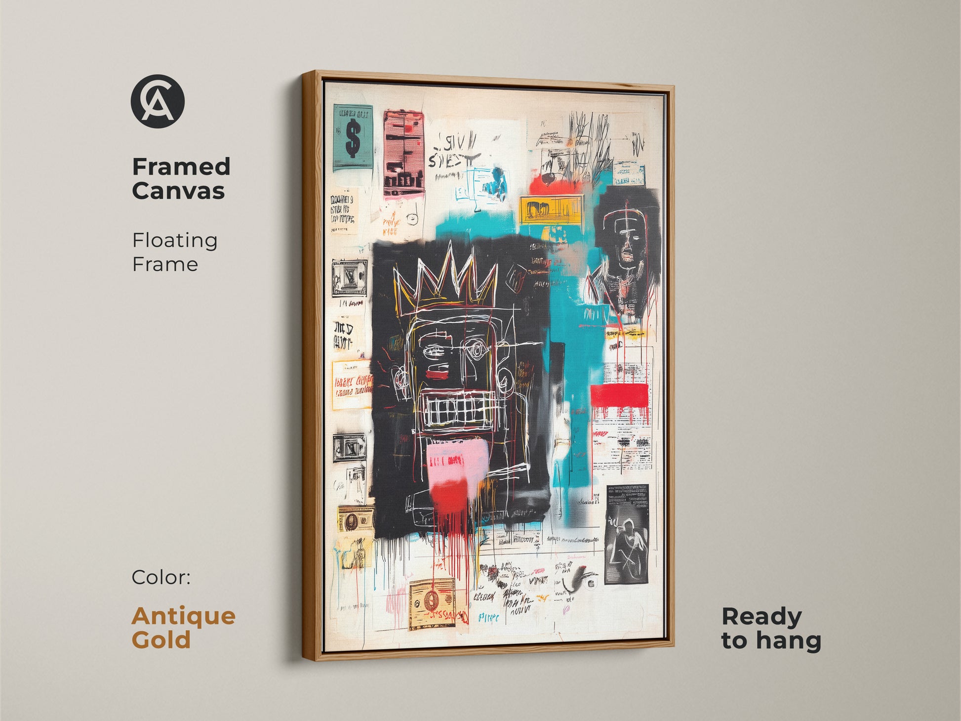 Basquiat style artwork on a framed canvas with an antique gold floating frame. The art is ready to hang. The antique gold frame brings a touch of elegance. The artwork has vibrant colors and expressive imagery. A stunning addition to any space.