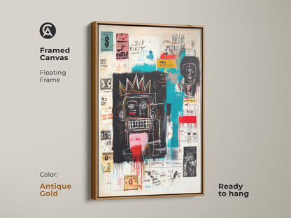 Basquiat style artwork on a framed canvas with an antique gold floating frame. The art is ready to hang. The antique gold frame brings a touch of elegance. The artwork has vibrant colors and expressive imagery. A stunning addition to any space.