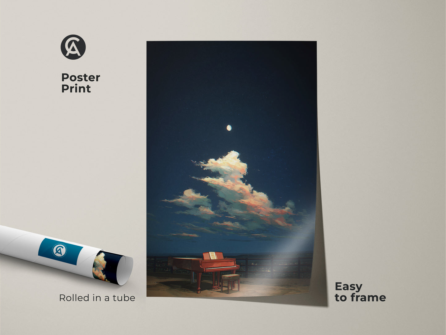 This poster print features a surreal grand piano under a dreamy night sky. Rolled in a tube it's easy to frame. The blue and pink clouds add a splash of color. Ideal for music lovers. This artwork brings a unique touch to any room. Perfect for eclectic home decor.