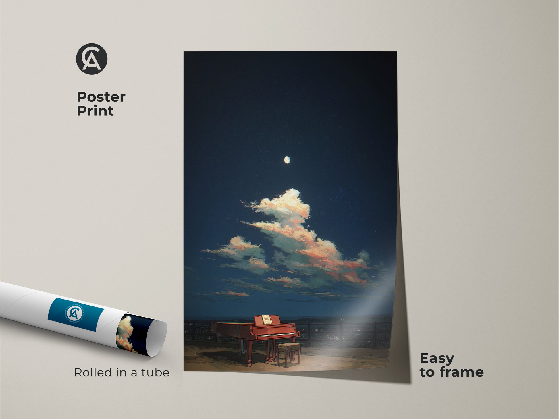 This poster print features a surreal grand piano under a dreamy night sky. Rolled in a tube it's easy to frame. The blue and pink clouds add a splash of color. Ideal for music lovers. This artwork brings a unique touch to any room. Perfect for eclectic home decor.