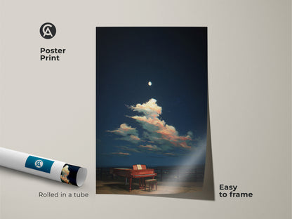 This poster print features a surreal grand piano under a dreamy night sky. Rolled in a tube it's easy to frame. The blue and pink clouds add a splash of color. Ideal for music lovers. This artwork brings a unique touch to any room. Perfect for eclectic home decor.