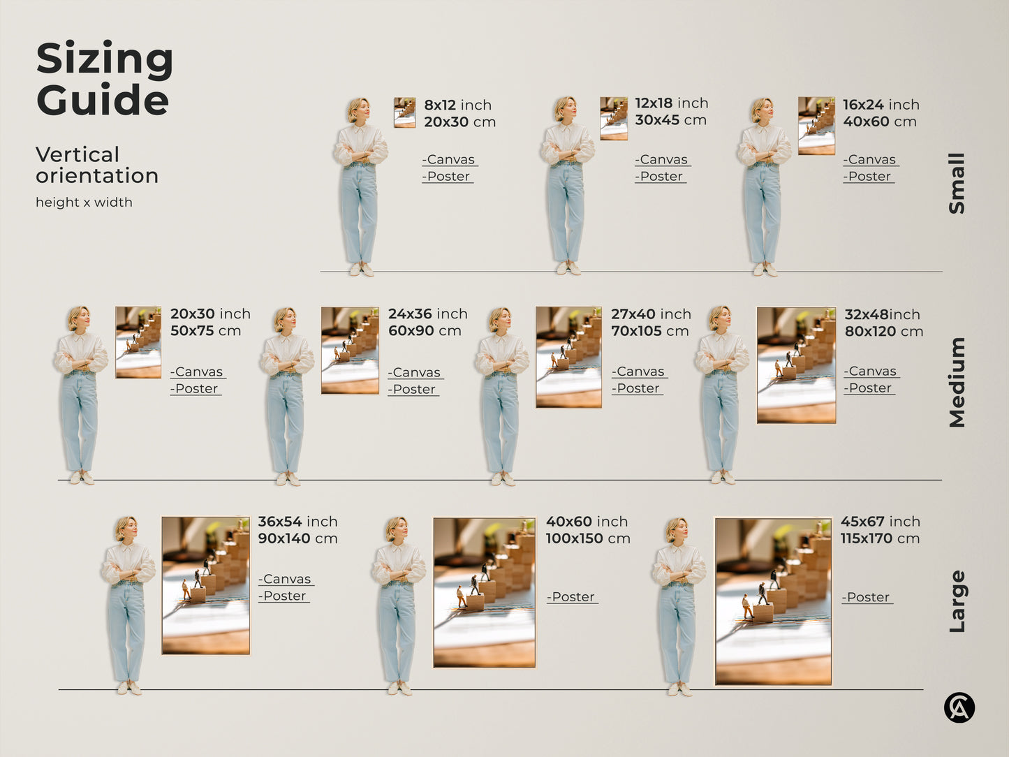 Sizing guide for vertical conceptual art prints. This office wall art is available in canvas and poster options. Sizes range from small to large. The art depicts miniature figures climbing wooden blocks. Ideal motivational decor.
