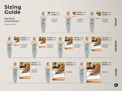 Sizing guide for vertical conceptual art prints. This office wall art is available in canvas and poster options. Sizes range from small to large. The art depicts miniature figures climbing wooden blocks. Ideal motivational decor.