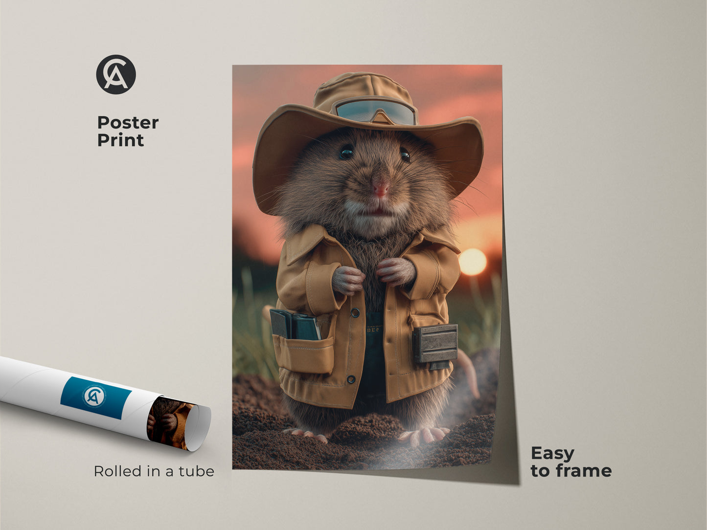 The Mouse explorer poster print arrives rolled in a tube for easy framing. This adorable animal art adds a whimsical touch to any wall. A unique piece for eclectic home decor and study rooms.