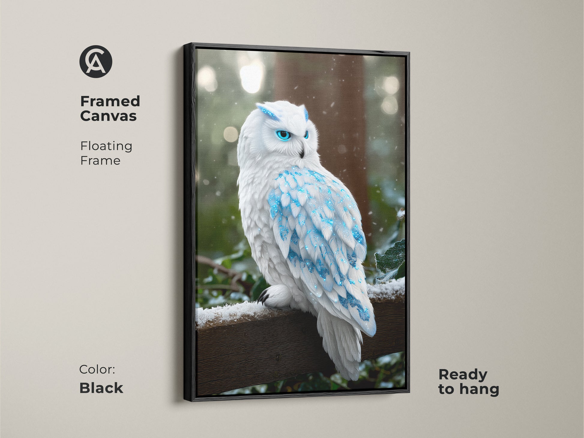 Black framed canvas featuring fantasy snowy owl art. Blue crystal feathers and a winter forest background are visible. Ready to hang this arctic owl painting is wildlife wall decor. A perfect gift for an animal lover.