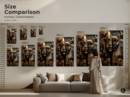 Size comparison of Afrofuturist art in inches and centimeters. See how the artwork fits above a sofa. Sizes range from 20x30 cm to 115x170 cm. Visualize the impact of this eclectic piece.