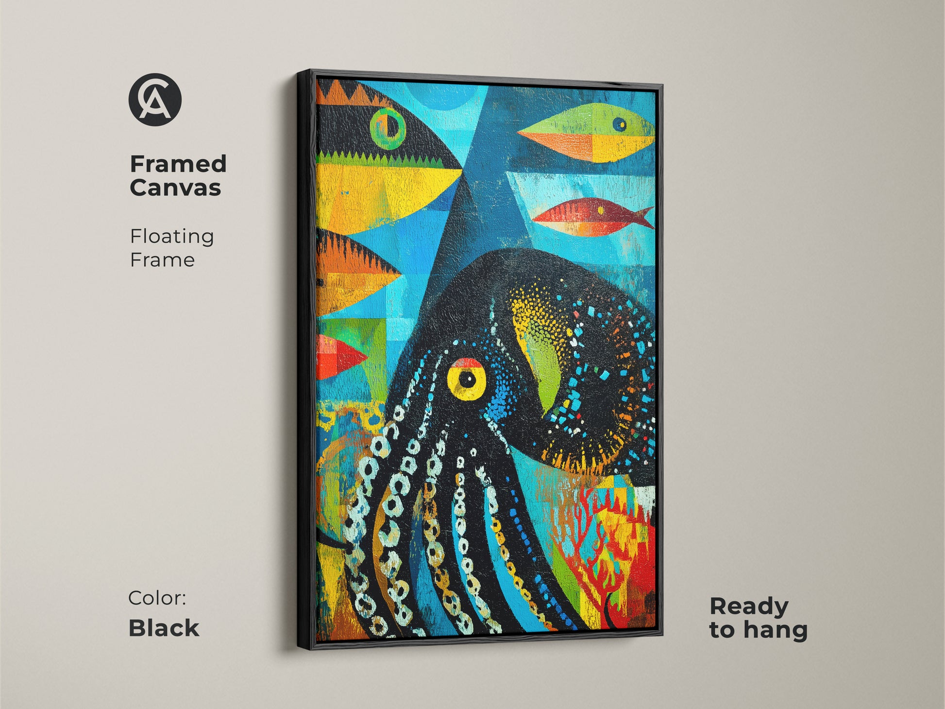 Framed canvas art featuring an abstract octopus and fish. The black floating frame enhances the vibrant teal orange and blue hues of this eclectic ocean theme. This ready-to-hang wall art adds a modern touch to any space. Perfect wall decor.