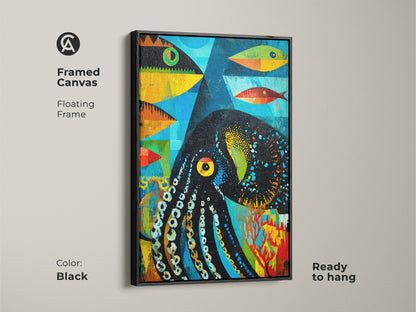 Framed canvas art featuring an abstract octopus and fish. The black floating frame enhances the vibrant teal orange and blue hues of this eclectic ocean theme. This ready-to-hang wall art adds a modern touch to any space. Perfect wall decor.