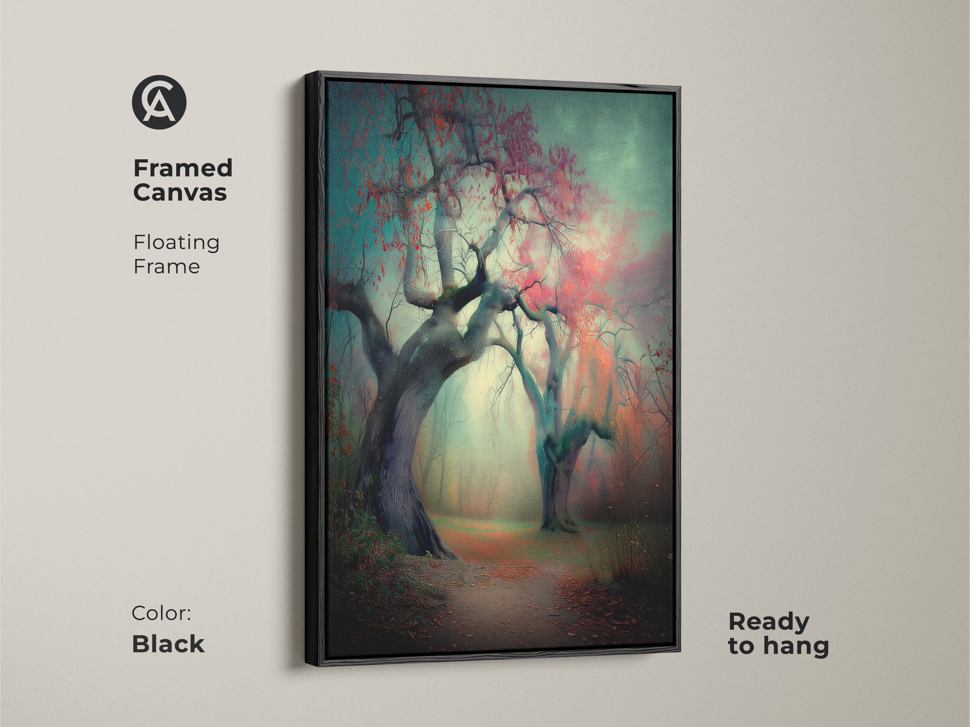 Framed canvas art with a floating frame in black. It showcases a misty forest path artwork. The piece is ready to hang. The black frame enhances the artwork's beauty making it a focal point in any room.