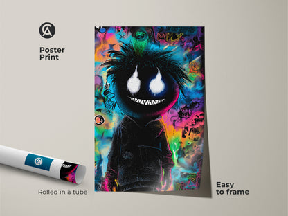 Poster print of a black figure with glowing eyes against a colorful graffiti background. It's rolled in a tube for easy framing. This museum-quality paper print is perfect for art enthusiasts. The poster is easy to frame.