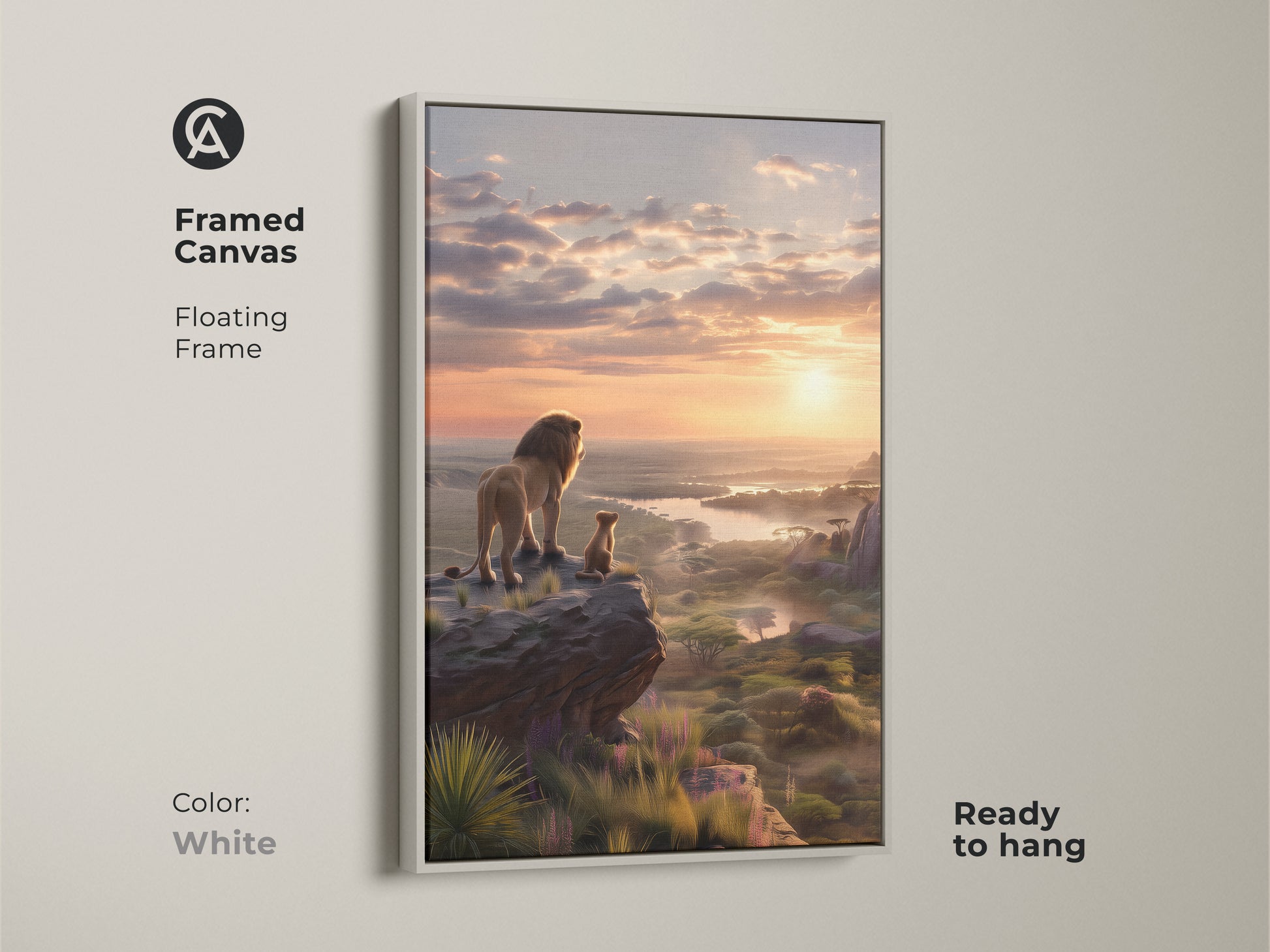 Framed canvas art presenting a lion and cub at sunrise. The floating white frame offers a clean look to this African savanna sunrise print. A versatile choice for any room this nature inspired art print is ready to hang. It is perfect as eclectic wall art.