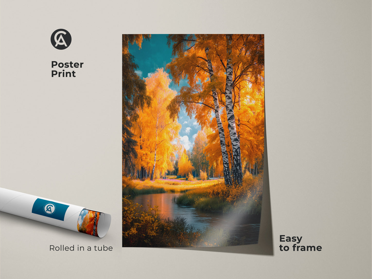 Poster print featuring a golden birch forest and river. This museum-quality paper print comes rolled in a tube. Easy to frame this nature-inspired artwork enhances any space. Perfect for art enthusiasts seeking serene landscapes. Bring the beauty of autumn home.