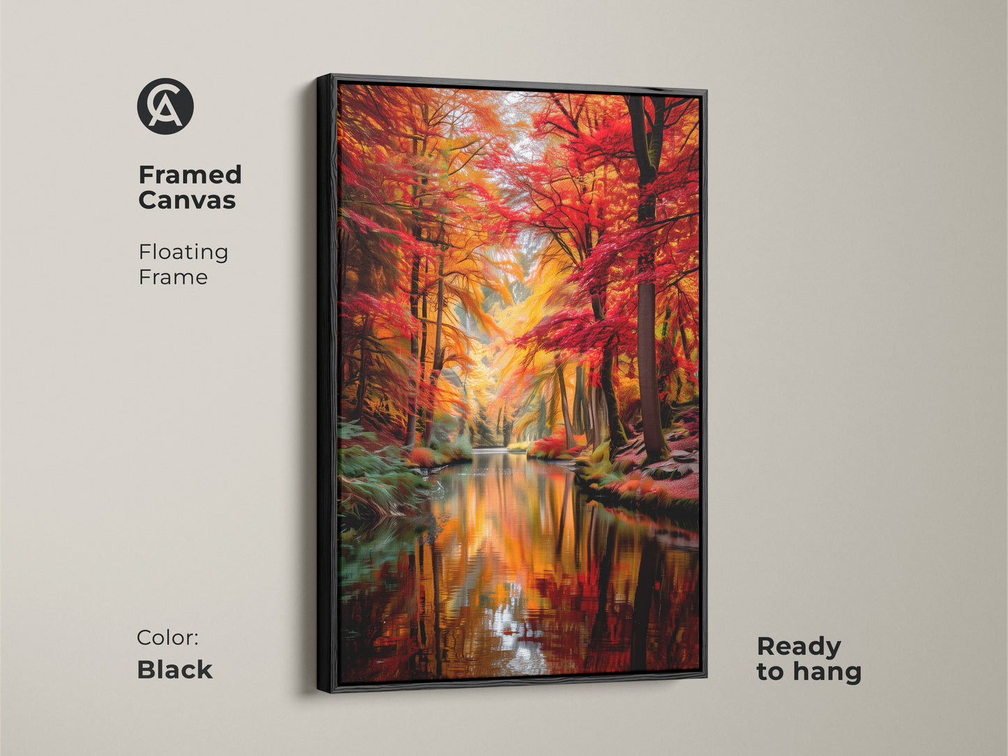 Elevate your decor with this framed canvas featuring an autumn forest. The black floating frame complements the vibrant fall colors. This river landscape print showcases nature scenery artwork. It arrives ready to hang adding instant warmth to any room. Perfect for lovers of contemporary nature art.