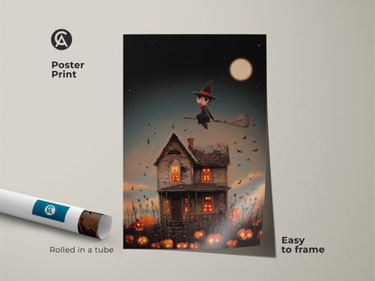 A poster print shows a cute witch Halloween art. The artwork features a witch flying over a haunted house with spooky pumpkins. Rolled in a tube and easy to frame it makes decorating simple. Bring fantasy charm to kids' rooms this spooky season.