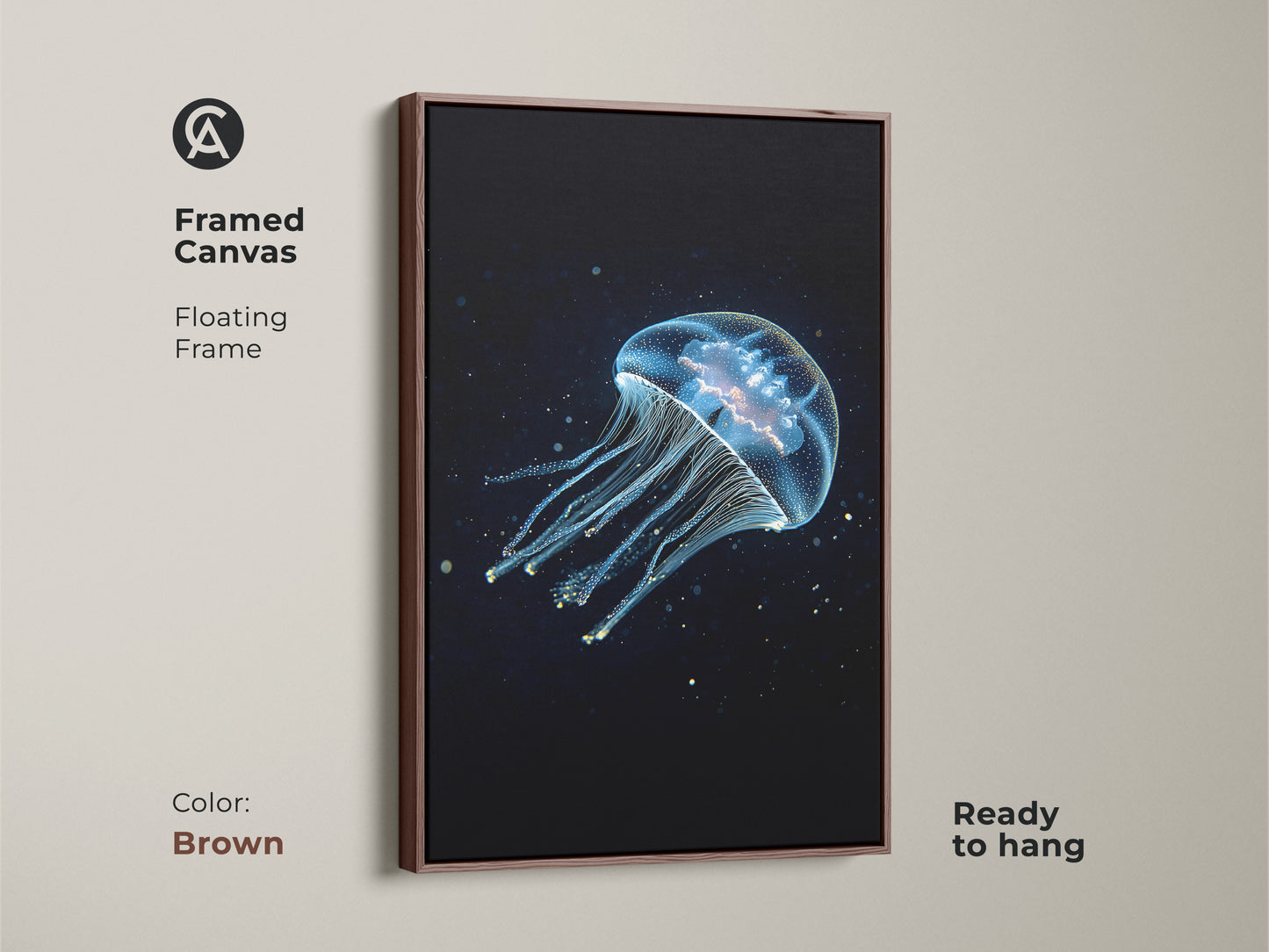 A framed canvas in a brown floating frame showcases abstract jellyfish art. This deep blue cyan canvas is ready to hang. The ethereal marine life artwork complements various decor styles. It's a unique gift for those who adore the ocean.