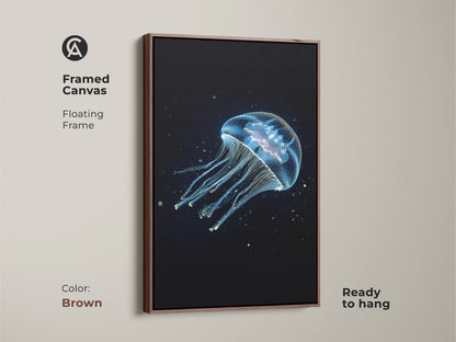 A framed canvas in a brown floating frame showcases abstract jellyfish art. This deep blue cyan canvas is ready to hang. The ethereal marine life artwork complements various decor styles. It's a unique gift for those who adore the ocean.