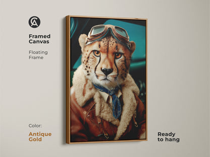 Framed canvas with antique gold floating frame showing a surreal animal art piece. It features cheetah with aviator theme. A modern animal portrait perfect as a gift for him. Ready to hang.