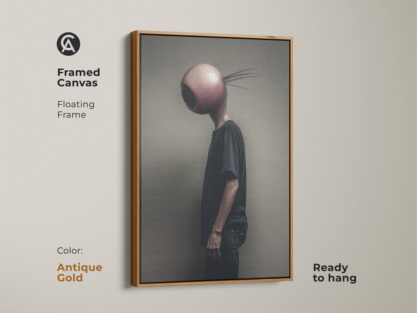 A framed surreal canvas print of an alien with an eyeball head. The antique gold floating frame enhances this dark eclectic wall decor. Ideal for alternative bedroom art or a unique gift this piece brings bizarre character art to life. Upgrade your walls today.