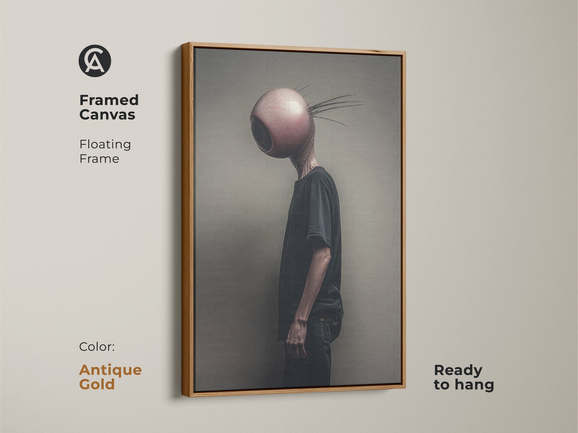 A framed surreal canvas print of an alien with an eyeball head. The antique gold floating frame enhances this dark eclectic wall decor. Ideal for alternative bedroom art or a unique gift this piece brings bizarre character art to life. Upgrade your walls today.