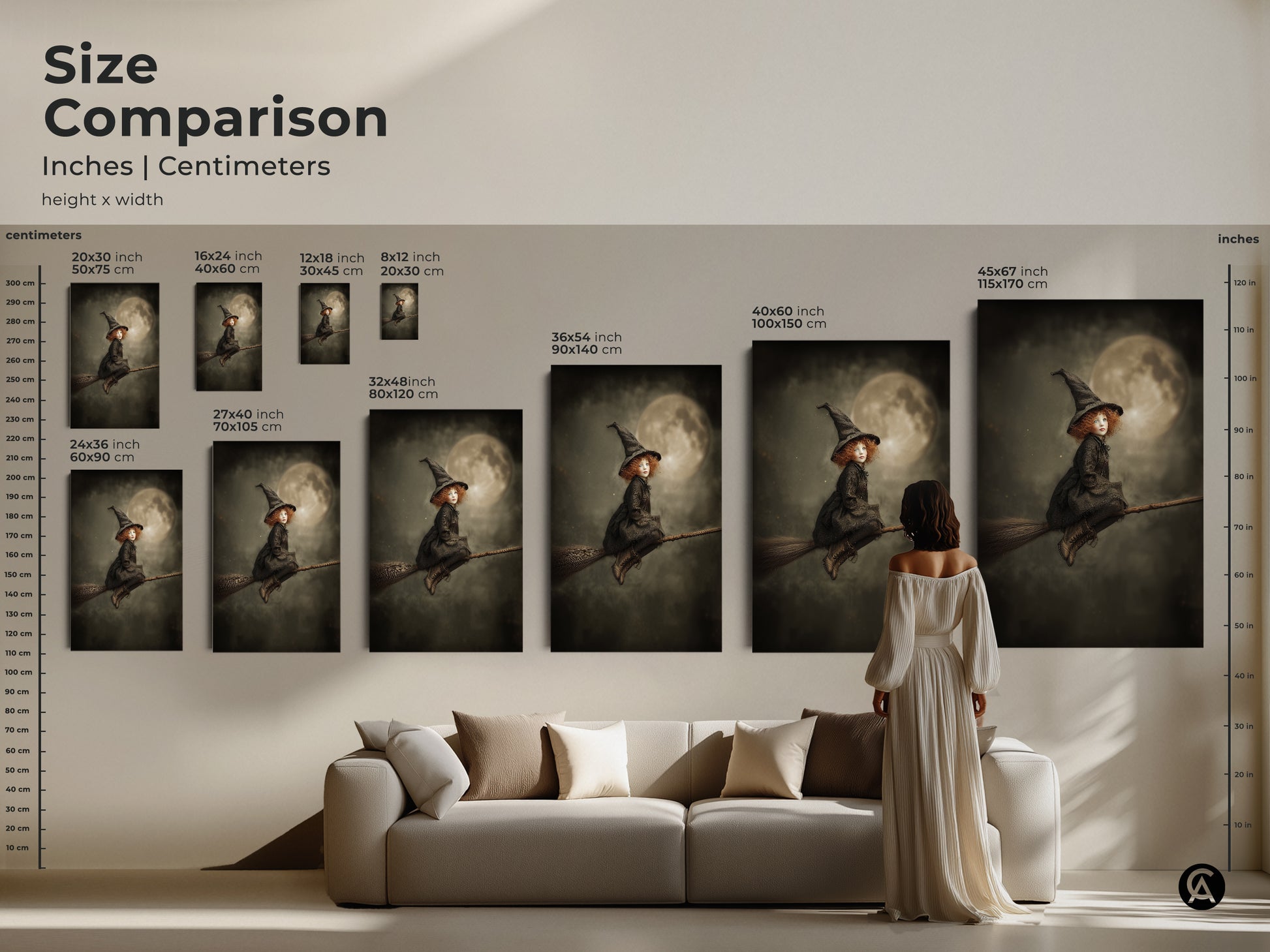 Size comparison of little witch on broomstick artwork. Inches centimeters height x width. See how it looks in different sizes. The gothic fantasy artwork is perfect for Halloween decor and kids rooms. Add a touch of magic to your space.