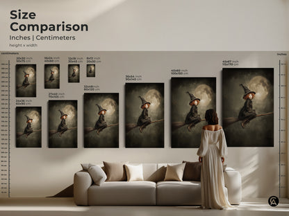 Size comparison of little witch on broomstick artwork. Inches centimeters height x width. See how it looks in different sizes. The gothic fantasy artwork is perfect for Halloween decor and kids rooms. Add a touch of magic to your space.