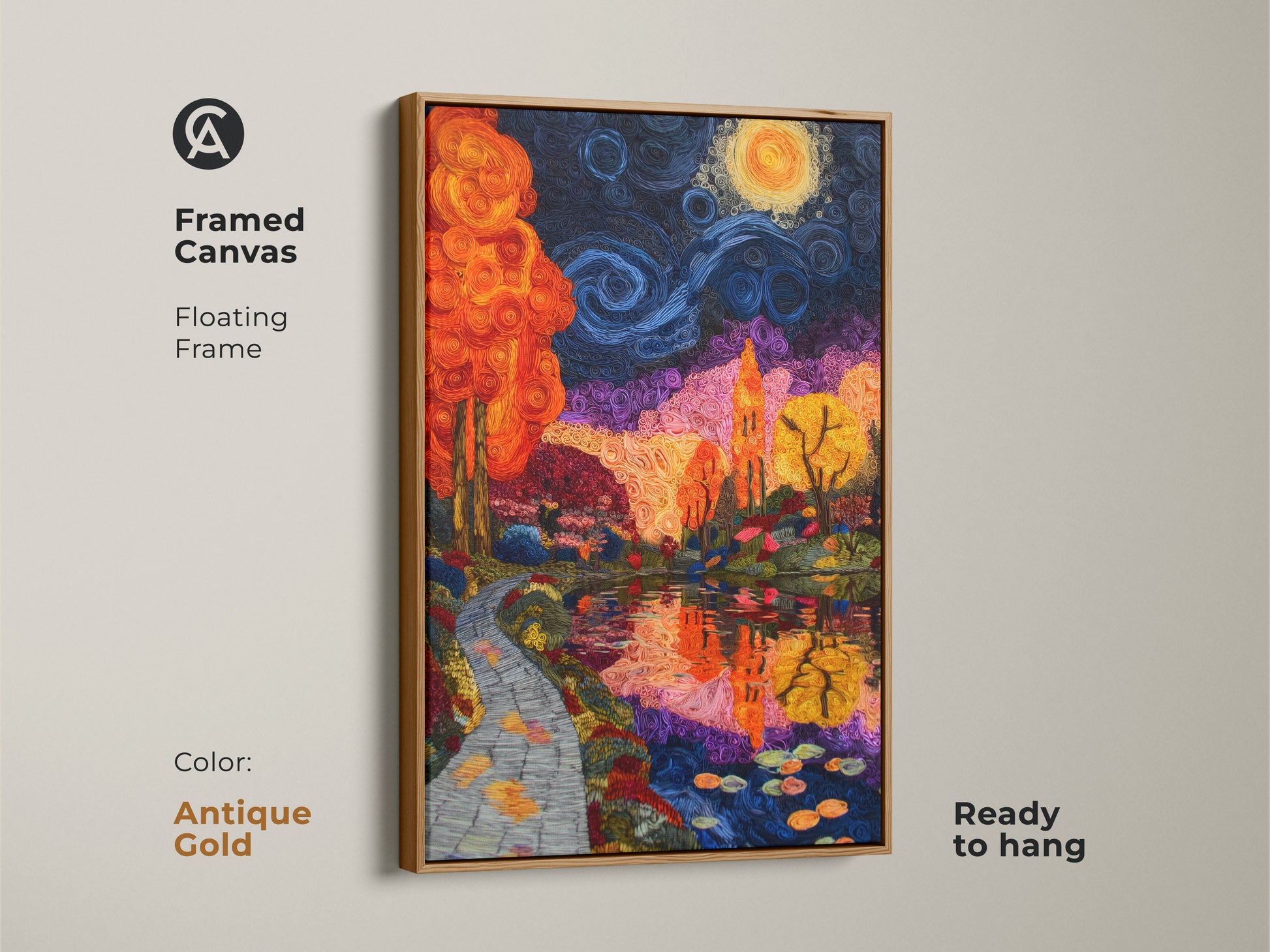 Framed Canvas displaying an Impressionist trees wall art. The antique gold floating frame accentuates the orange blue purple landscape. This wall art makes unique home decor. The artistic nature wall hanging is a great anniversary landscape artwork.