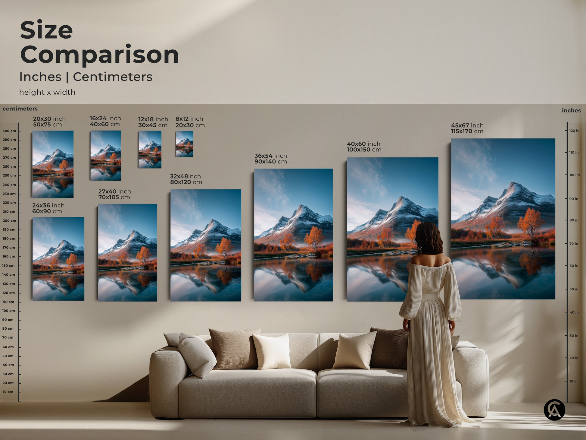 Size comparison of mountain landscape canvas prints in inches and centimeters. It shows a woman viewing the scenic artwork. The prints range from small to extra-large. The blue white and orange rustic nature art makes a statement in any home adding an impressionistic touch.