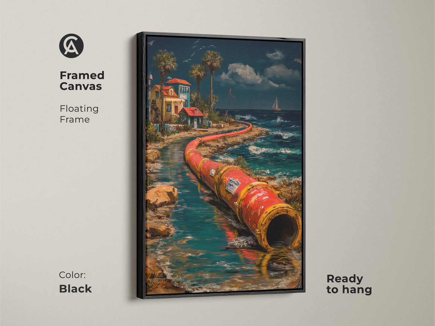 Framed canvas of surreal industrial pipeline wall art. A unique coastal home decor art print in a black floating frame and ready to hang. It features red orange teal artwork ideal as office art or a housewarming gift for him.
