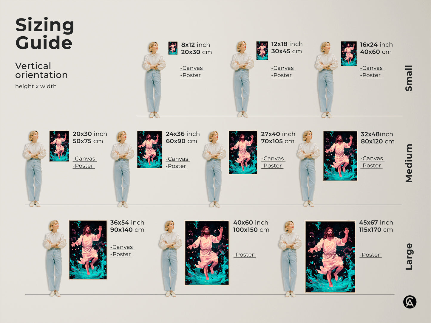 Sizing Guide showing Vertical orientation height x width. A jesus christ canvas and poster in Small Medium and Large sizes. Sizes include 8x12 12x18 16x24 20x30 24x36 27x40 32x48 36x54 40x60 and 45x67 inch.