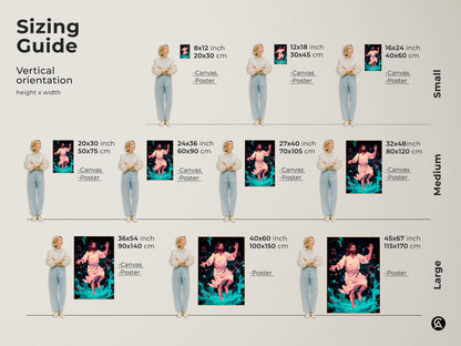 Sizing Guide showing Vertical orientation height x width. A jesus christ canvas and poster in Small Medium and Large sizes. Sizes include 8x12 12x18 16x24 20x30 24x36 27x40 32x48 36x54 40x60 and 45x67 inch.