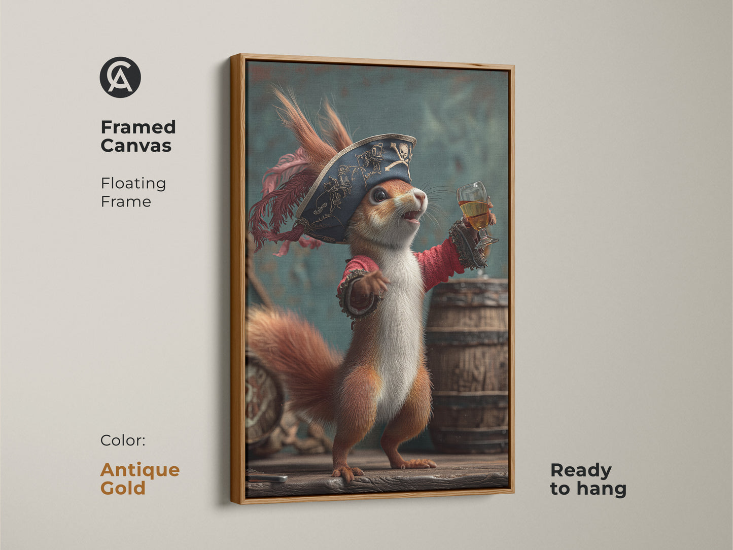 Elevate your home bar with this framed canvas art of a pirate squirrel. The whimsical poster comes with a floating antique gold frame and is ready to hang. This eclectic animal wall decor adds a touch of fantasy to any space. It is a great gift for rum enthusiasts and quirky art collectors.